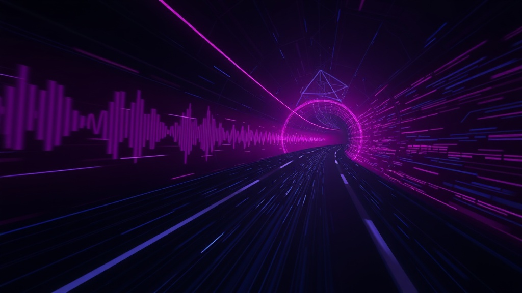 Sound waves and data packets racing through digital tunnel with purple-pink gradient