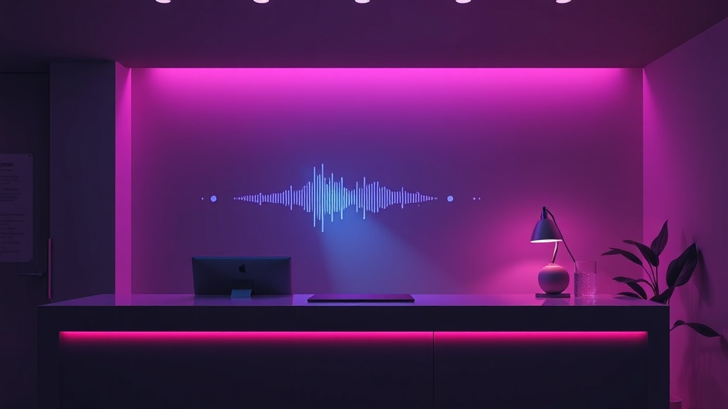 Moderní recepce lékařské ordinace s holografickou vlnou hlasu nad tabletem