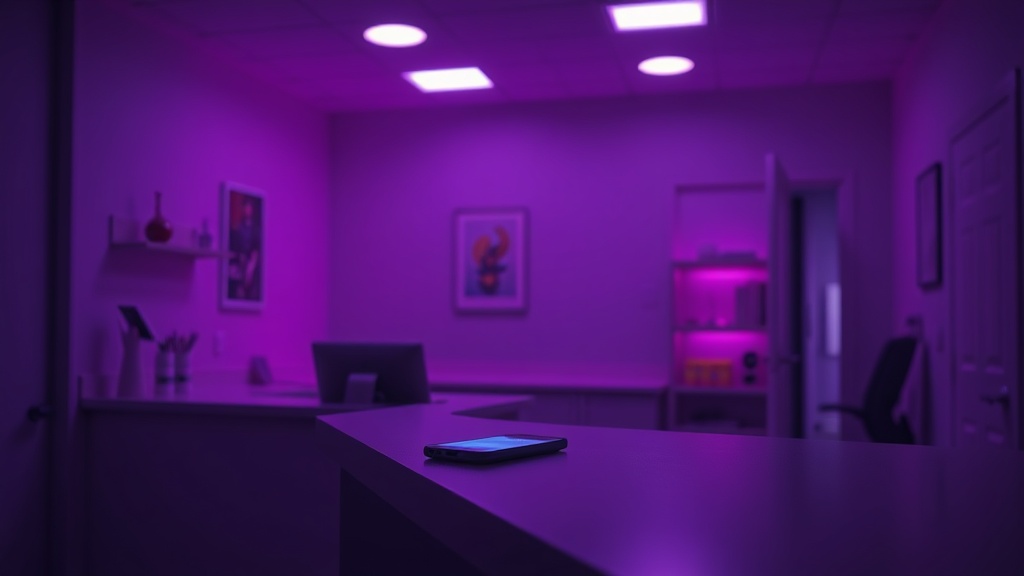 Gece geç saatlerde parlayan telefon ekranı ile boş klinik resepsiyonu