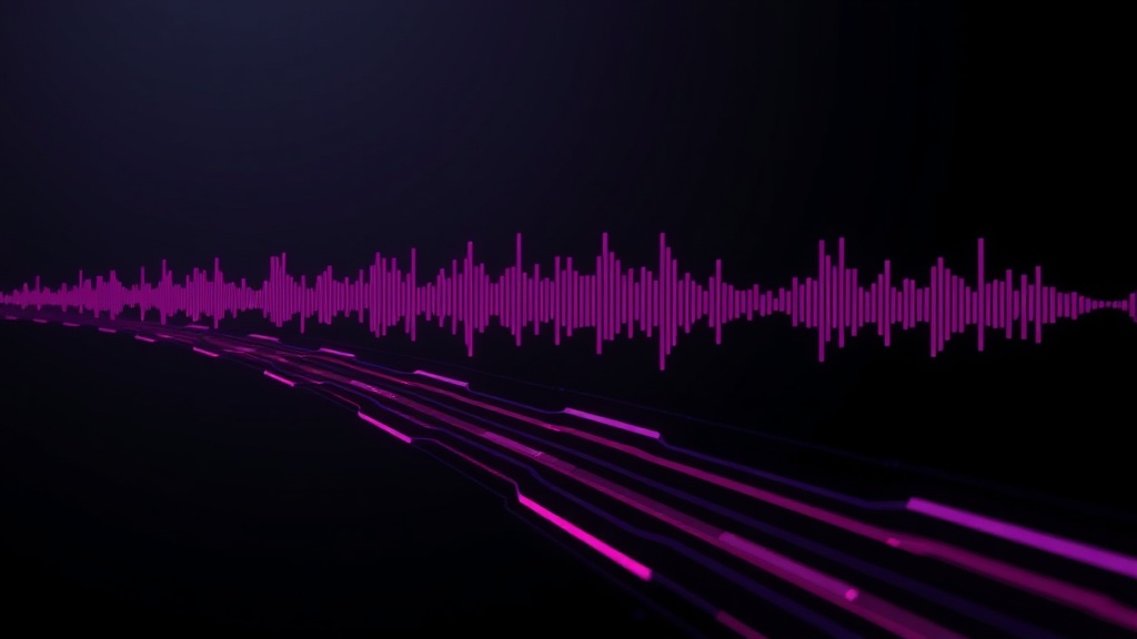 Audio waveforms flowing through a digital pipeline with purple-pink gradient timing markers