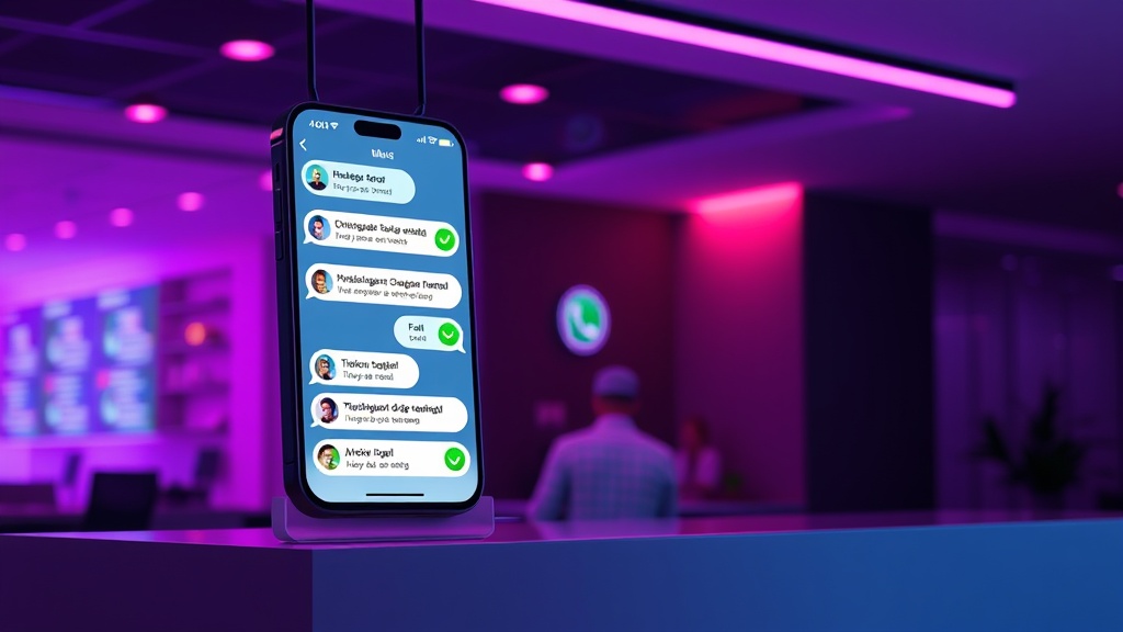 Modern klinik resepsiyonunda WhatsApp mesajları gösteren parlayan akıllı telefon