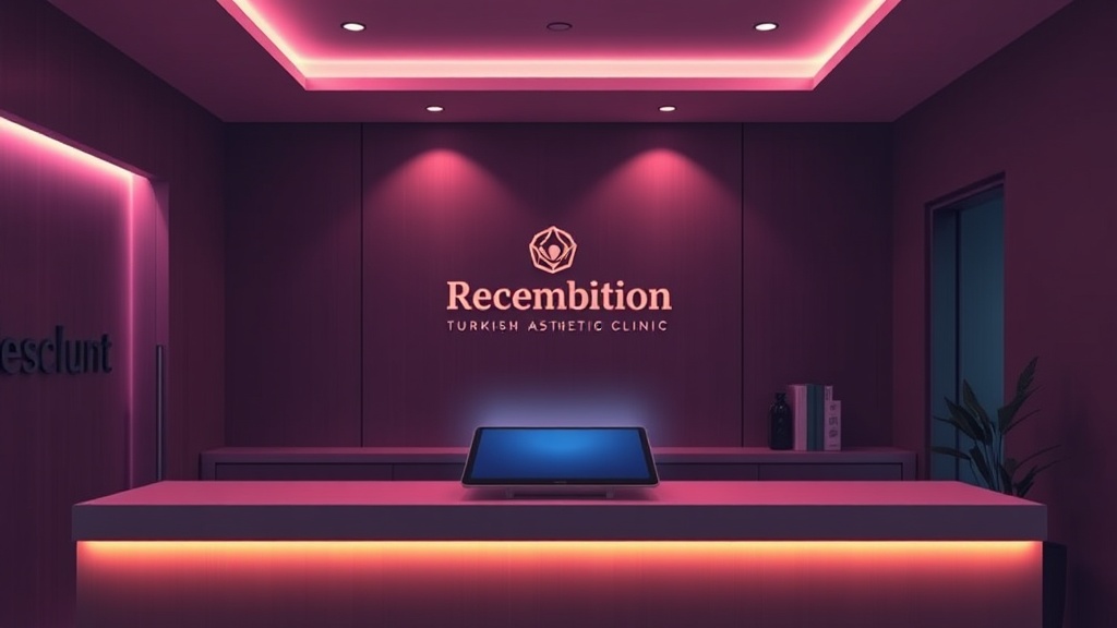 A modern Turkish aesthetic clinic reception desk with a subtle holographic AI assistant interface floating above a sleek tablet. Warm purple and pink gradient lighting creates a welcoming atmosphere. The scene conveys trust and advanced technology working together in healthcare.