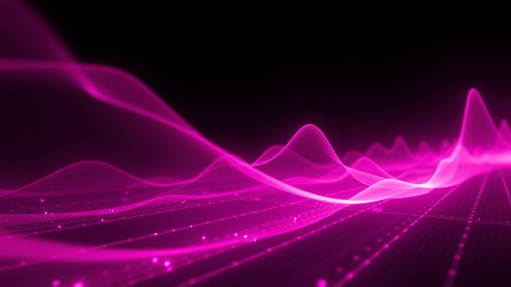 A sleek, minimal visualization of sound waves and data packets traveling at high speed through a glowing purple-pink gradient network. The scene conveys instant transmission and real-time processing, with abstract waveforms flowing smoothly without interruption. Technical but elegant, emphasizing speed and seamlessness.