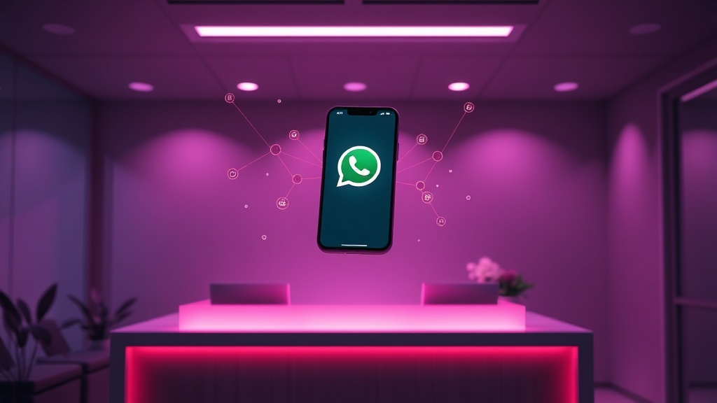 WhatsApp arayüzü gösteren modern akıllı telefon, klinik resepsiyonunun üzerinde mor ve pembe gradient ışıkla