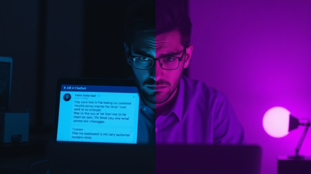 Split scene showing frustrated B2B professional with failing chatbot interface versus warm voice AI potential