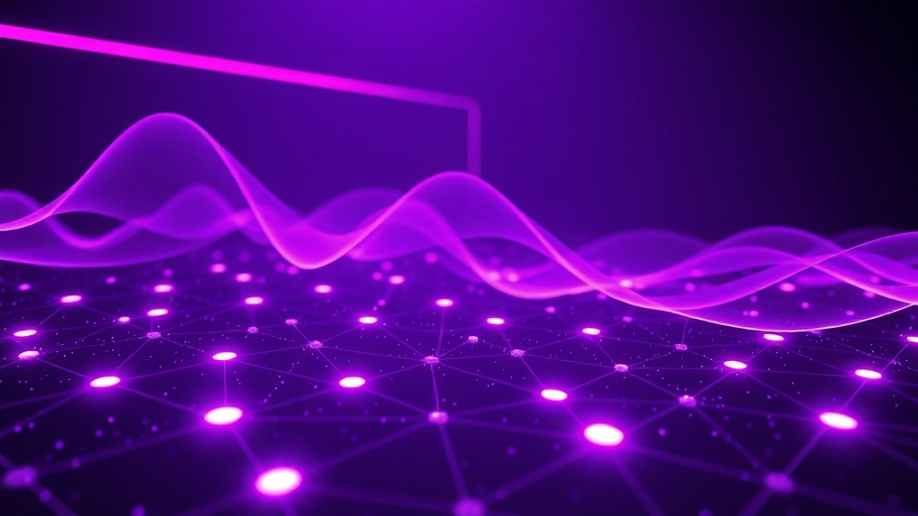 Real-time audio waveforms flowing through AI processing nodes with purple gradient lighting
