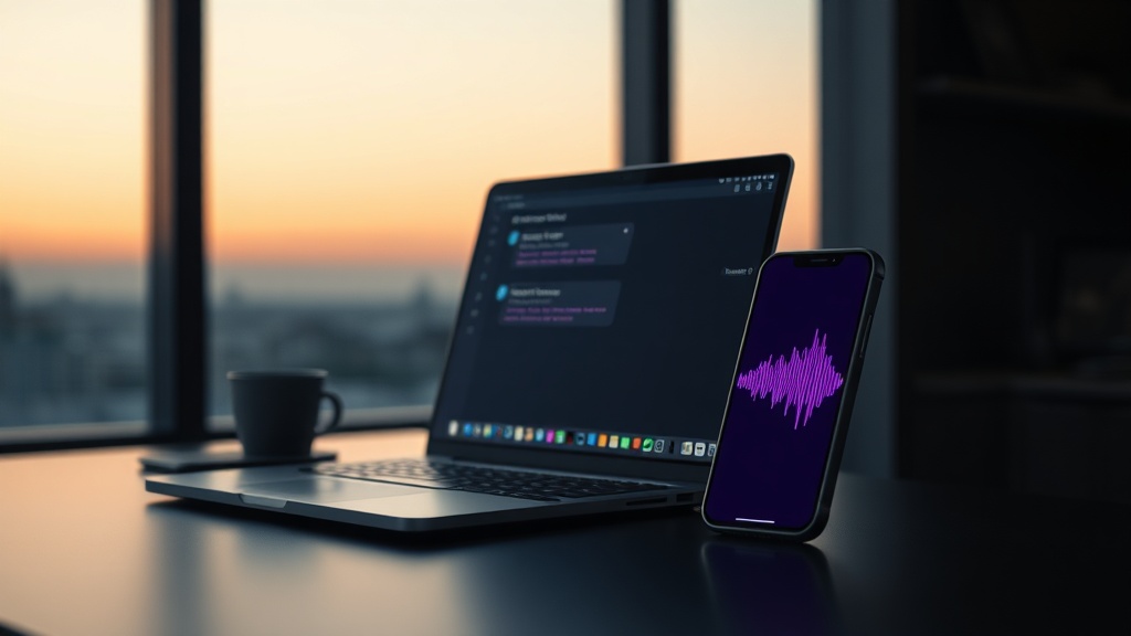 Minimalist office desk showing contrast between glitching chat interface and smooth voice waveforms