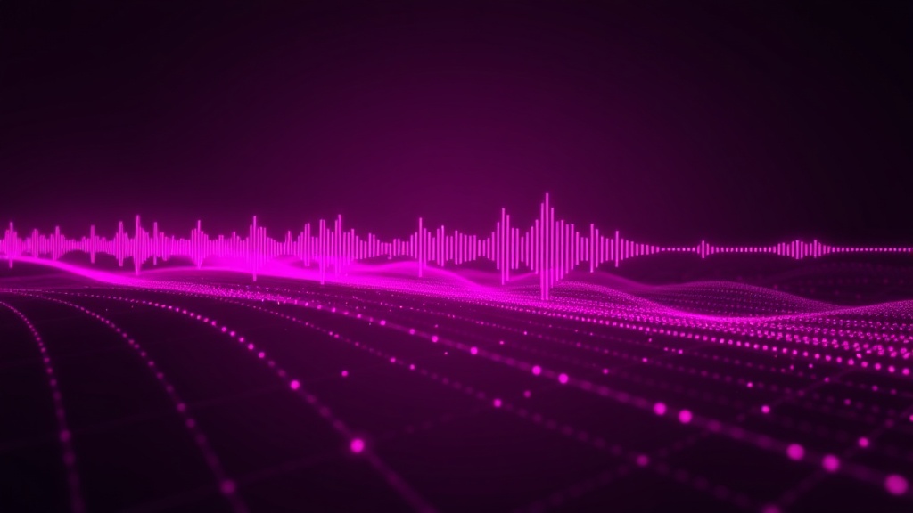 Real-time voice communication waveforms streaming through a glowing gradient network