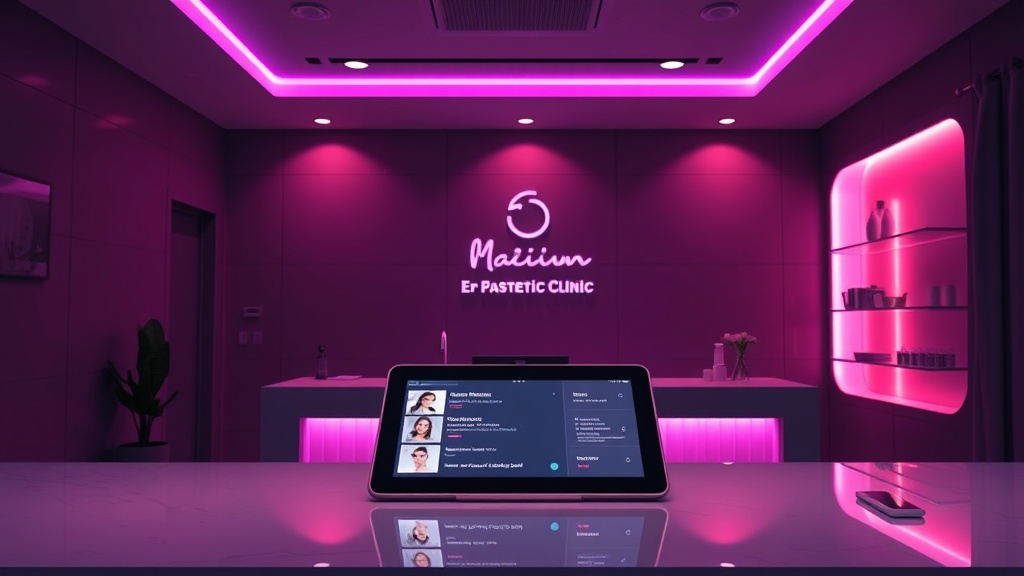 Modern klinik resepsiyon masasında gece saatlerinde gelen hasta sorguları ve lead bildirimleri