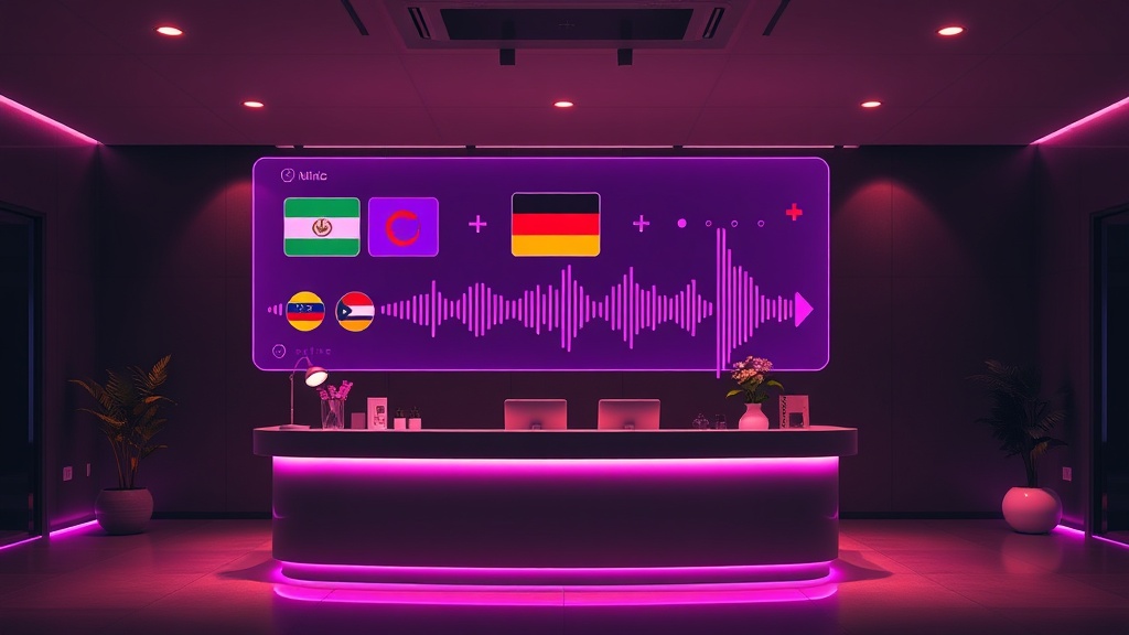 Modern klinik resepsiyonu üzerinde çoklu dil bayrakları ve sesli dalga formları gösteren holografik arayüz