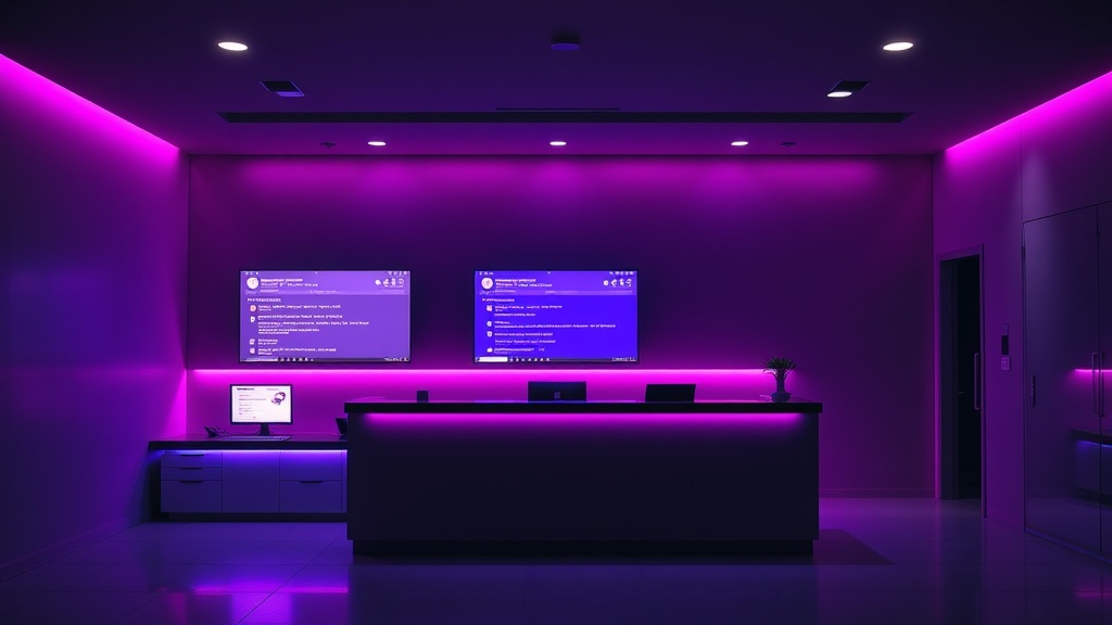 A modern hair transplant clinic reception desk at night, glowing purple and pink ambient lighting from computer screens showing incoming patient inquiries and messages. The desk is empty - no staff present - but the screens pulse with activity. Minimalist, tech-forward aesthetic with a sense of missed opportunity.