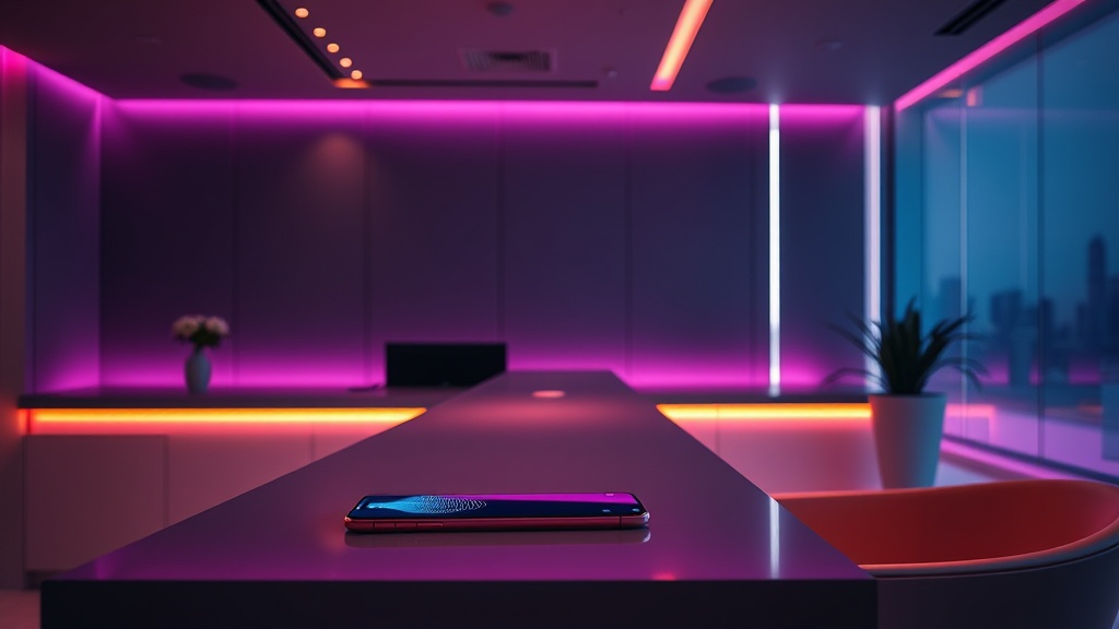 Modern bir saç ekimi kliniği resepsiyonunda yapay zekâ ses teknolojisini temsil eden akıllı telefon ekranı