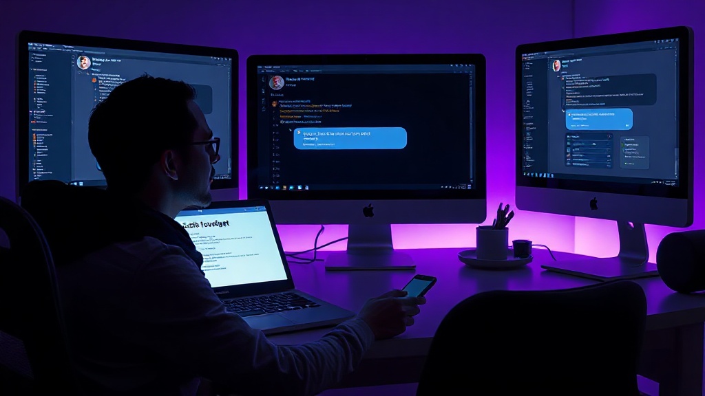 A frustrated solo founder staring at a laptop screen showing a failed chat widget with zero engagement metrics