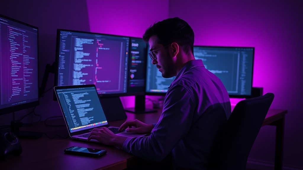 Solo SaaS founder working late at night with purple gradient lighting from laptop screen