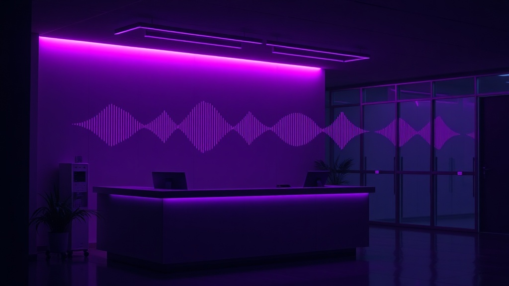 A modern clinic reception desk at twilight, with subtle holographic voice waveforms floating in the air, rendered in purple and pink gradients.
