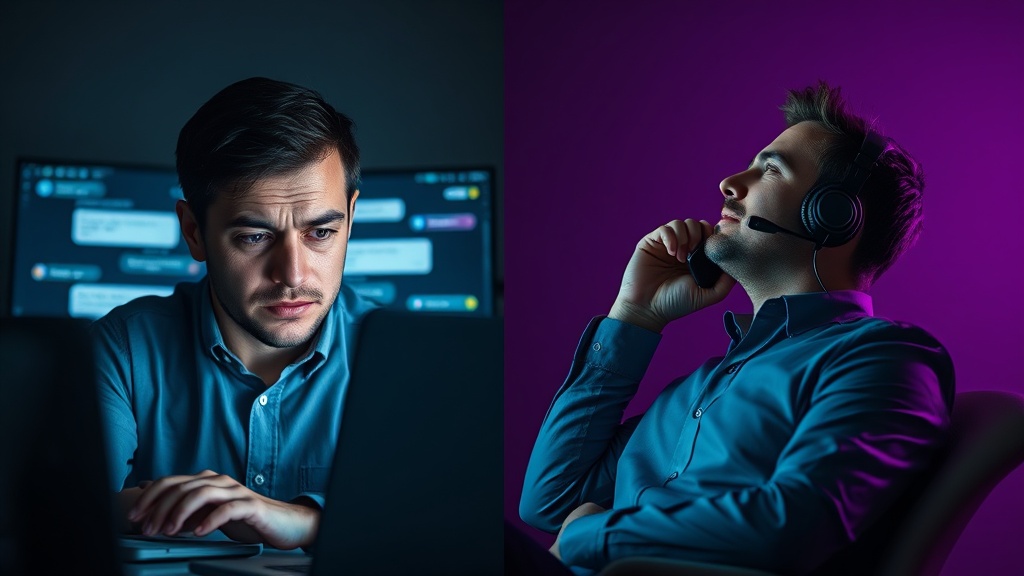 Split view contrasting frustrated user with chat interface versus confident user with voice conversation