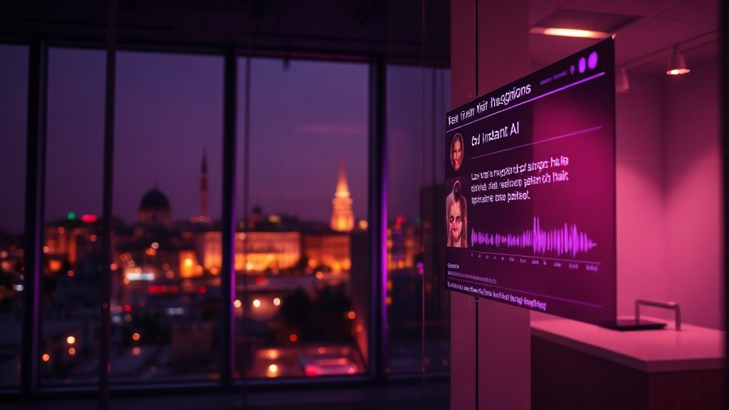 Modern hair transplant clinic in Istanbul at night with real-time AI response interface