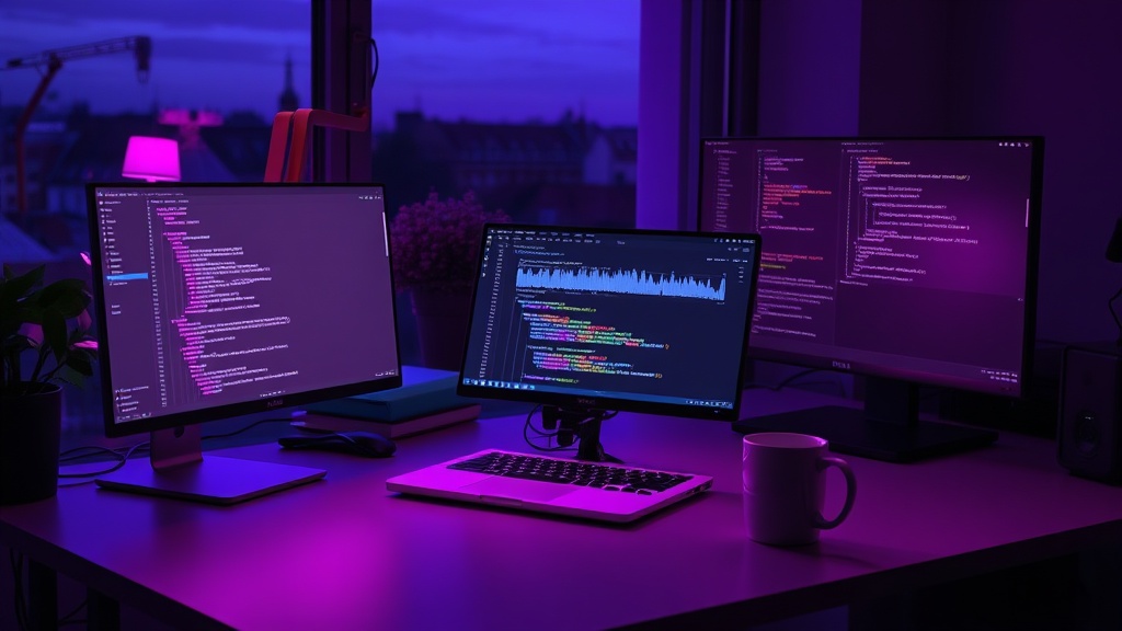 Solo founder desk at twilight with laptop showing voice AI waveforms and purple gradient lighting