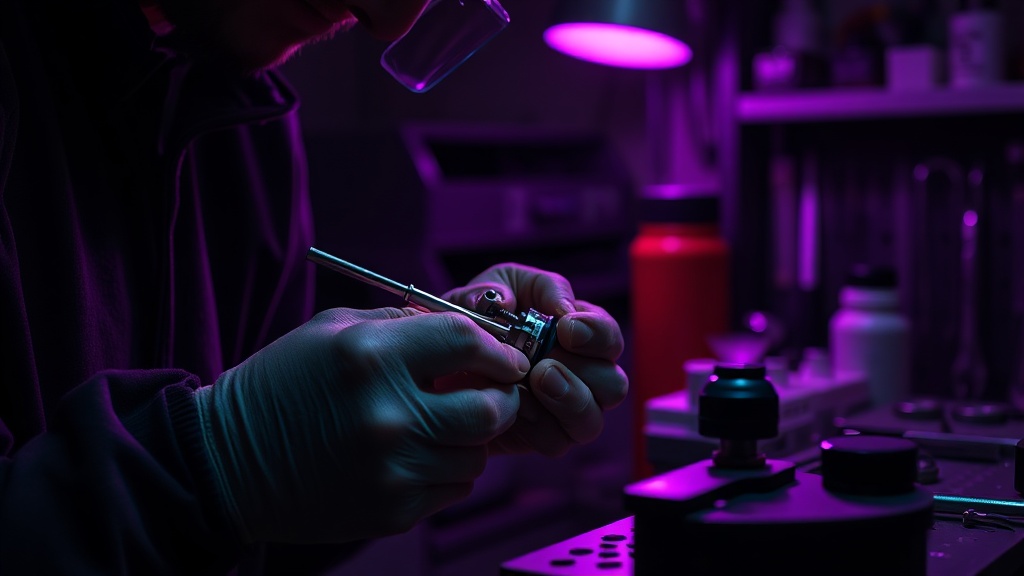 Craftsman hands working on specialized medical instrument with purple gradient lighting
