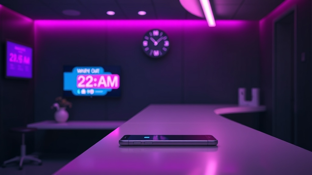 Gece vakti klinik resepsiyonunda gelen bildirimlerle parlayan telefon, acil ama sakin bir enerji